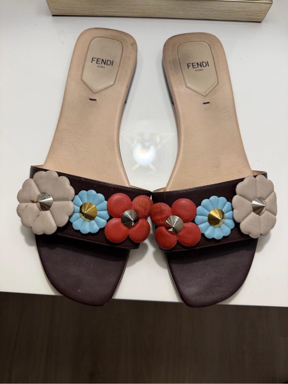 Fendi Brown Slide Sandals with Red, Blue & Cream Floral Appliqués